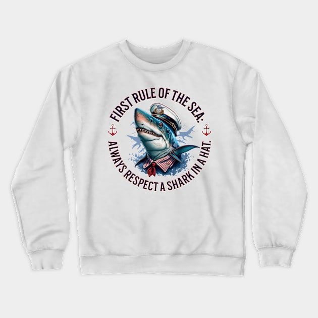 First Rule Of The Sea: Always Respect A Shark In A Hat - Humor Crewneck Sweatshirt by TeeTopiaNovelty